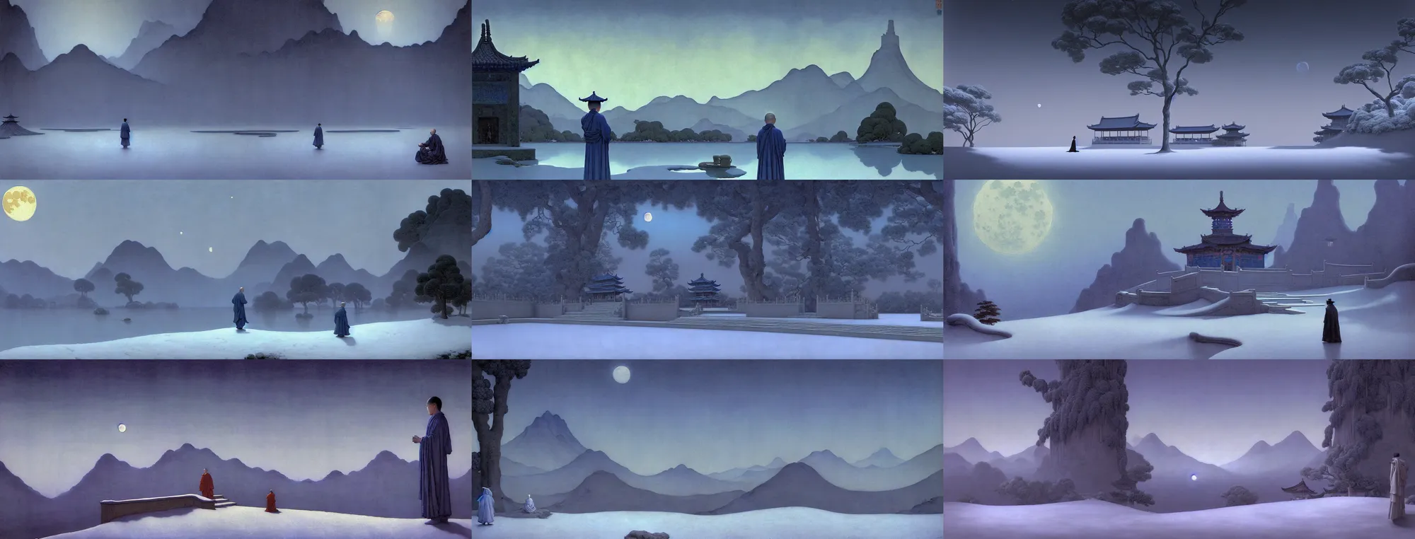 Prompt: a gorgeous landscape painting by barlowe wayne maxfield parrish and marco mazzoni. drak blue night sky. just one winter moon!! snow. chinese temple. just one lonely chinese monk in grey blue long gown walks on the winding steps. ultra clear detailed. 3 d, octane render. turbulent blood lake. fog