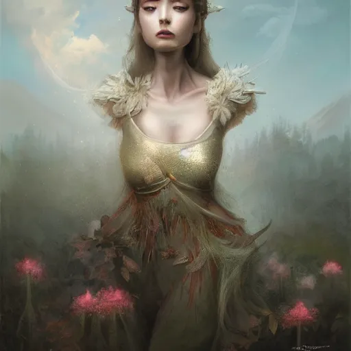 Prompt: A beautiful matte painting of a portrait of a priestress of springtime, inspired by d&d, slender symmetrical face and body, fantasy, octane render, 16k, 8k, high res, well rendered, art by Bastien Lecouffe Deharme and John Howe and Keith Parkinson and Larry Elmore, trending on artstation, featured on behance, uniform background