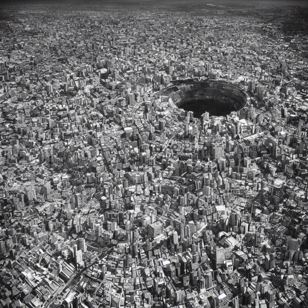 Prompt: postmodern city inside giant crater
