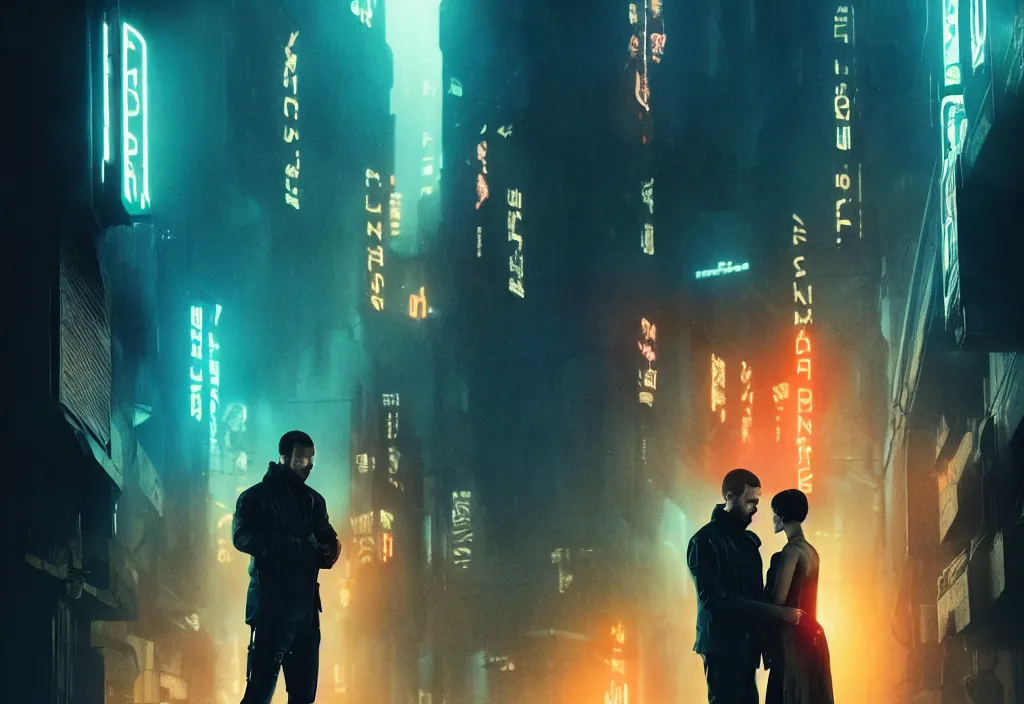 Prompt: vfx film closeup, humanoid robot detective couple squad in blade runner 2 0 4 9 slums, flat color profile, low - key lighting, award winning photography, arri alexa cinematography, hyper real photorealistic cinematic, atmospheric cool colorgrade