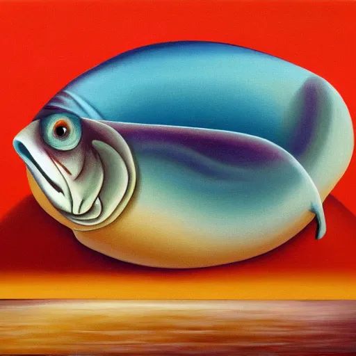 Prompt: surreal painting of a fish morphing into a sausage