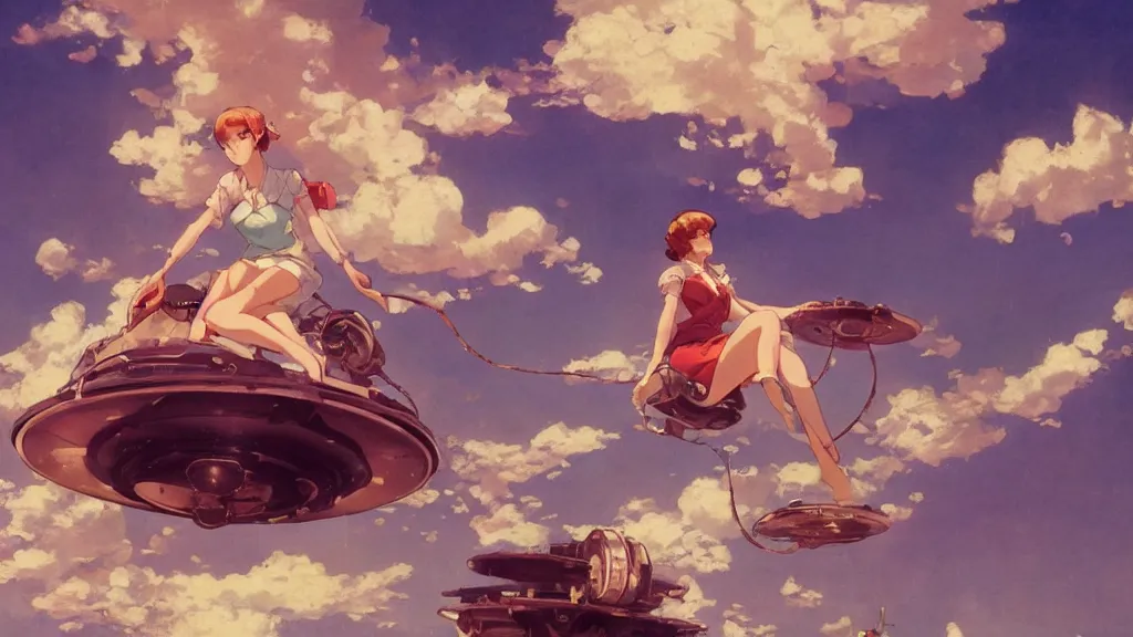 Prompt: a film still of a 1 9 5 0's mechanic anime girl sitting on top of flying ufo, finely detailed features, beautiful face, full body mid shot, perfect art,, trending on pixiv fanbox, painted by gaston bussiere, makoto shinkai, akihiko yoshida, gaston bussiere, craig mullins, studio ghibli