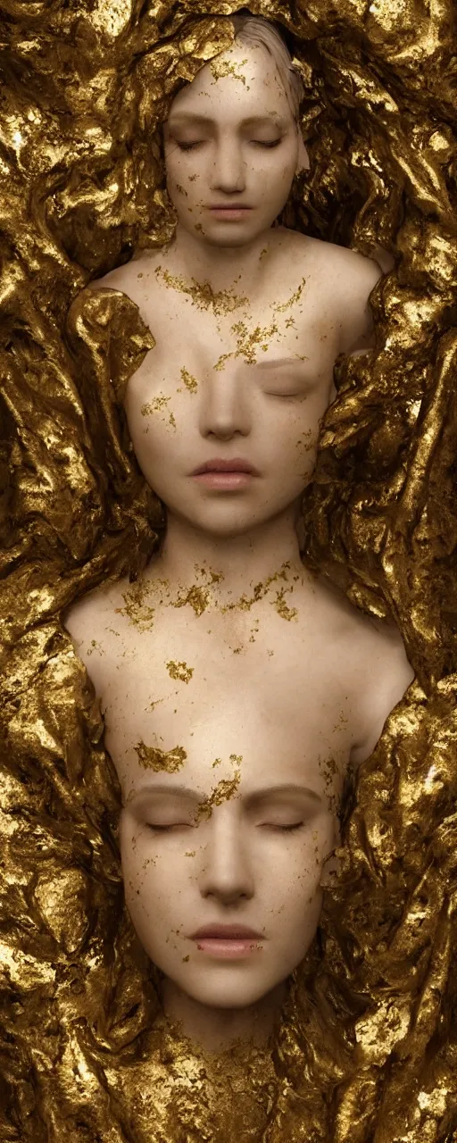 Image similar to portrait photo of a surreal goddess floating in the middle of a ancient wood, gold raining in the background, ultra super good realistic 3D render by Pete Morbacher and Emil Melmoth, insanely detailed, trending on artstation, sharp focus