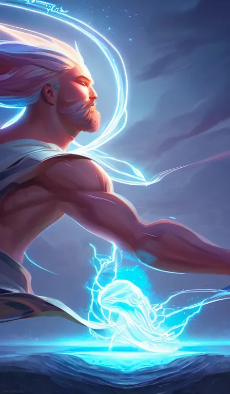 Prompt: the god zeus, lightning, action, epic, close up, sharp focus, digital art, concept art, dynamic lighting, character design by anna dittman and rossdraws, environment by jessica rossier