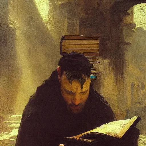 Image similar to half portait of magican wearing a cowl with big old book!, jeremy mann, jean leon gerome, tiepolo, alphonse mucha, greg rutkowski, face in the shadows, ( ( ruins of ancient rome ) ), at dusk, mysterious atmosphere, sunrays, dof, masterpiece, high detailed, 8 k