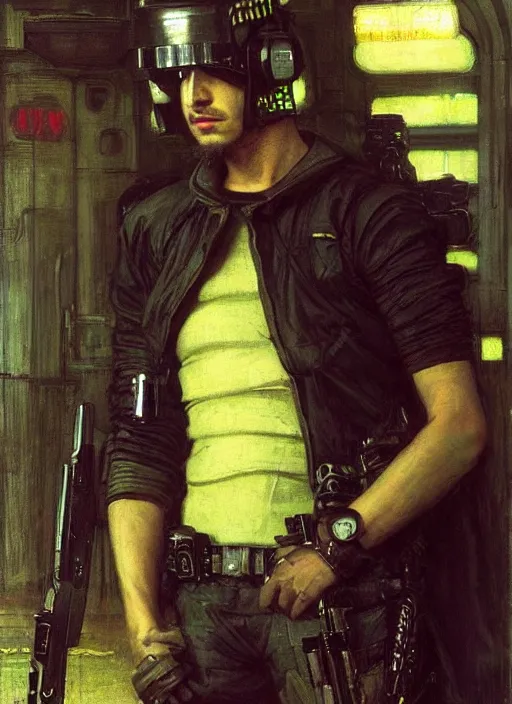 Prompt: Cyberpunk theif escaping Menacing Cyberpunk police trooper wearing a combat vest. Rainy streets (dystopian, police state, Cyberpunk 2077, bladerunner 2049). Iranian orientalist portrait by john william waterhouse and Edwin Longsden Long and Theodore Ralli and Nasreddine Dinet, oil on canvas. Cinematic, vivid colors, hyper realism, realistic proportions, dramatic lighting, high detail 4k