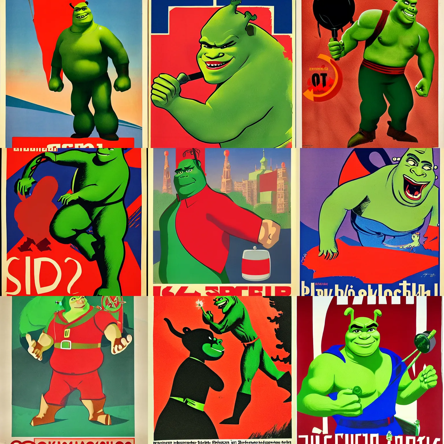 Prompt: soviet propaganda poster of shrek