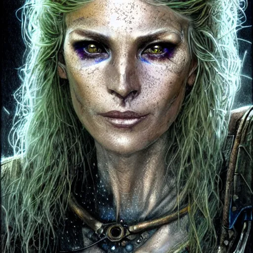 Prompt: an award finning closeup facial portrait by luis royo and john howe of a very beautiful and attractive female bohemian cyberpunk traveller aged 8 0 with green eyes and freckles in clothed in excessively fashionable cyberpunk gear and wearing ornate warpaint