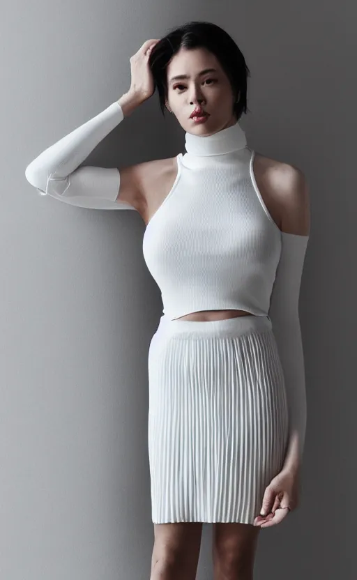 Prompt: Woman in White Sleeveless turtleneck t-shirt and black pleated skirt. Highly detailed, 50mm, cinematic, hyperrealistic