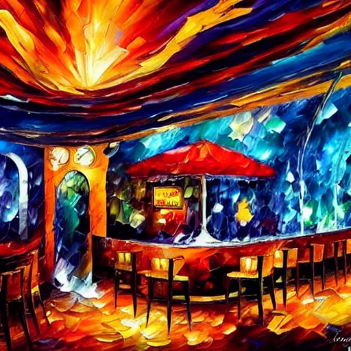 Image similar to beautiful leonid afremov highly detailed impasto! acrylic painting! of an underwater art deco lounge. bioshock, rapture, trending on artstation