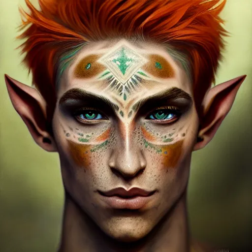 Image similar to portrait painting of an elven eladrin young man with short light orange hair and freckles and tribal tattoos on his cheekbones, sharp focus, award - winning, trending on artstation, masterpiece, highly detailed, intricate. art by merwild and ernesto irawan and rachel denton