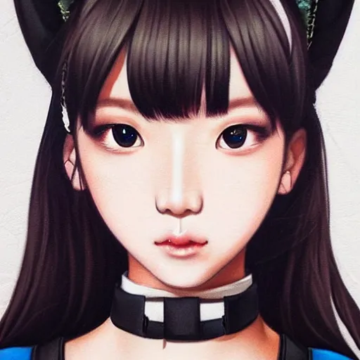 Prompt: realistic detailed semirealism beautiful gorgeous cute Blackpink Lalisa Manoban wearing school uniform, blue eyes blue iris, black hair black cat ears, black leather choker, proportional body, WLOP, Aztodio, Taejune Kim, sakimichan, ArtGerm, Pixiv, Instagram, Artstation