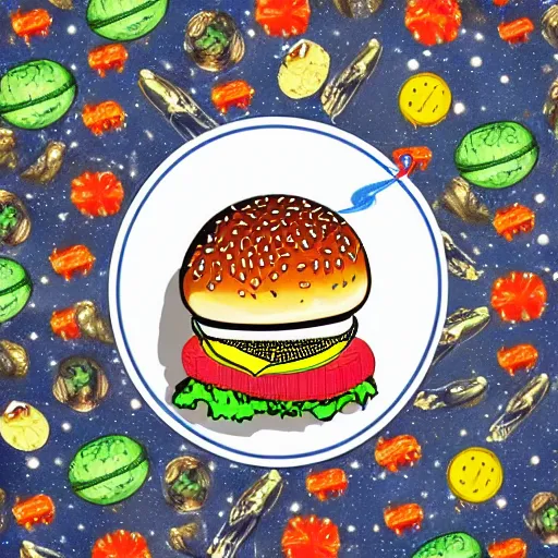 Image similar to a hamburger in the galaxy with solar system sauce