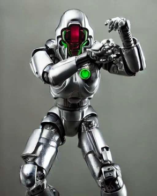 Prompt: portrait of a figurine of cyborg from the sci - fi nintendo videogame metroid. glossy. silver round helmet, silver shoulder pads, green visor. shallow depth of field. suit of armor.