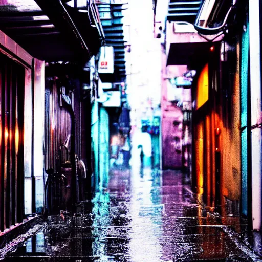 Image similar to a rainy cyuberpunk neo tokyo alley with a black cat sleeping on the wet floor, photo, 4 k