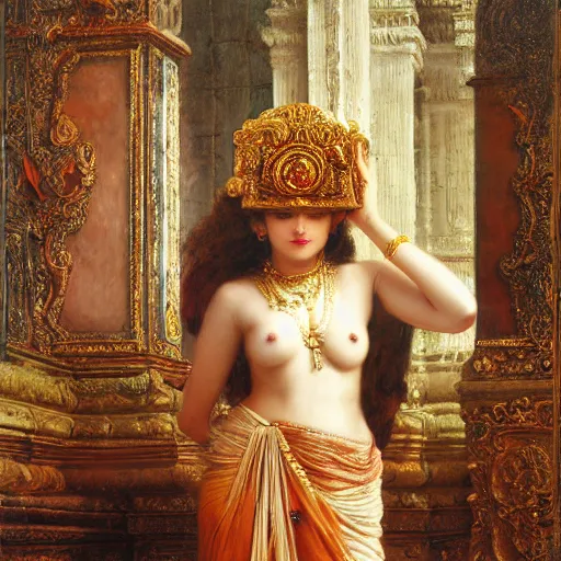 Image similar to detailed full body of hindu traditional woman blindfolded high - tech vr headset in baroque style, girl graceful,, painting by gaston bussiere, craig mullins, j. c. leyendecker, lights, art by ernst haeckel, john william godward, hammershøi,,