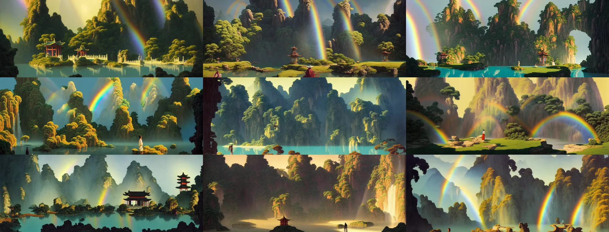 Image similar to a gorgeous landscape painting by barlowe wayne, maxfield parrish and marco mazzoni. chinese temple. sunny morning. a lonely chinese wuxia walks on the winding stone steps, stone gate to the dark cave, 3 d, octane render, turbulent lake, waterfall. fog, just one rainbow. 8 k.