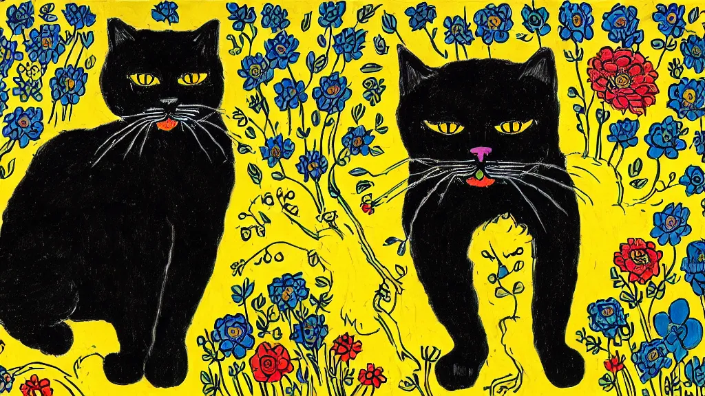 Prompt: a very detailed image of a big black cat wearing a yellow raincoat standing on his back feet in a style of louis wain and sid mead, cinematic, wide lense