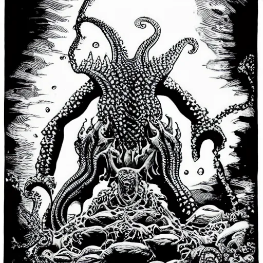 Prompt: Fish men worship a statue of Cthulu in a dark cave. D&D. Pen and ink. Black and white. Mike Mignola, Larry Elmore, Peter Mullen.