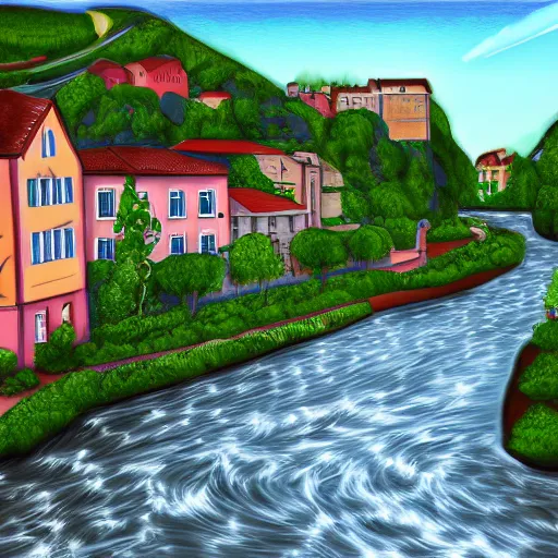 Image similar to digital art painting of a river running through a european town, very mediocre, not detailed at all.