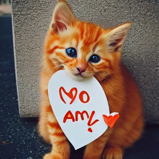 Image similar to cute fluffy orange tabby kitten with a sign that says