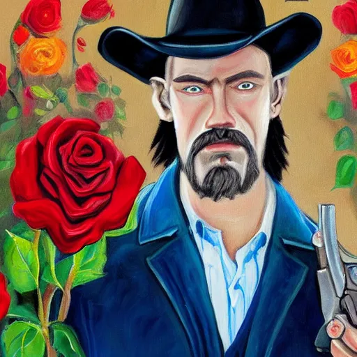 Image similar to a painting of a tall man with blue eyes that is wearing a cowboy hat and a leather vest. He is holding a revolver in his left hand and a rose is in his right hand. He is standing in a field of roses.