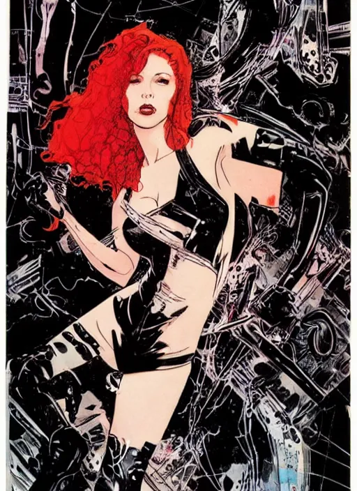 Prompt: comic cover art by david mack and michael kaluta, black widow full body, tight fit, vivid vector colors, russian female, perfectly symmetrical facial features, hyperdetailed, bleed, spatter, india ink, bill sienkiewicz