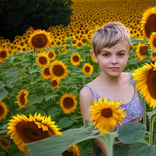 Image similar to portrait of a girl with pixie cut hairstyle in a field of sunflowers, sunny day, HD