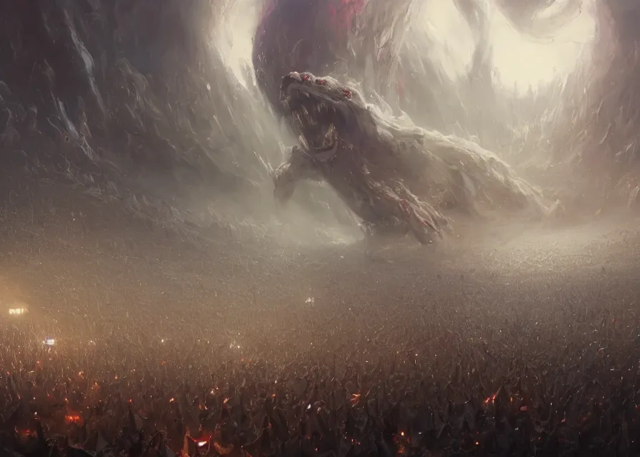 Image similar to large abstract painting of giant Joe Biden cosmic horror grinning at giant immense crowd of person army, trending on ArtStation, masterpiece, by Greg Rutkowski, by Ross Tran, by Fenghua Zhong, octane, lightbeam eyes, soft render, clear facial features, oil on canvas,, moody lighting, cinematic, professional environment concept art