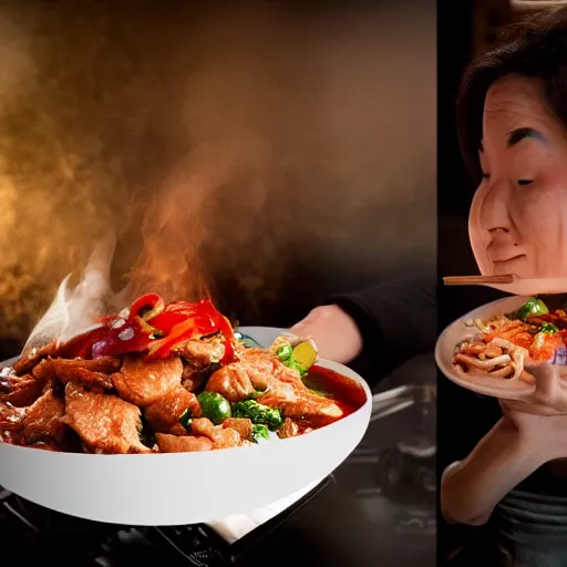 Image similar to anonymous with face covered by stirfry pork, cinematic dramatic composition, happy lighting