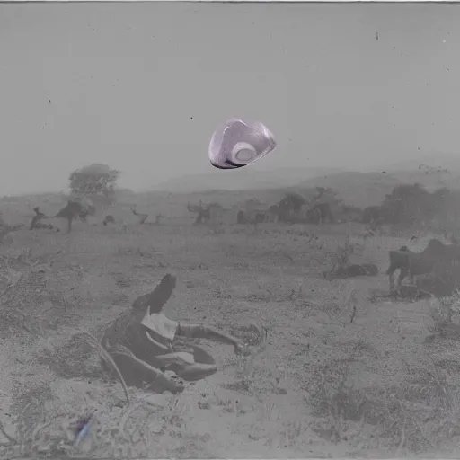 Prompt: Unidentified purple ball of light flying over rural Africa, 1896 photograph