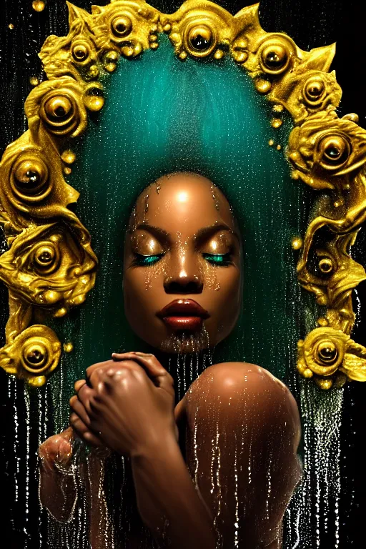 Image similar to hyperrealistic post rococo cinematic very expressive! black oshun goddess, in water up to her shoulders, mirror dripping droplets!, gold flowers, highly detailed face, digital art masterpiece, smooth eric zener cam de leon dramatic pearlescent volumetric teal light, high angle uhd 8 k, sharp focus