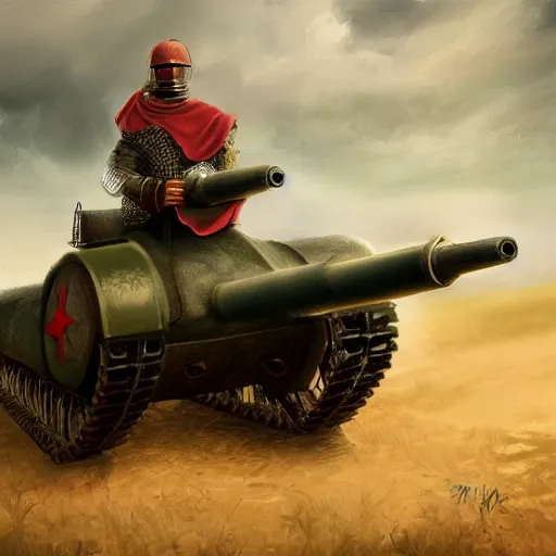 Prompt: a medieval knight proudly operating a WW2 tank, digital art, realistic, detailed, artstation