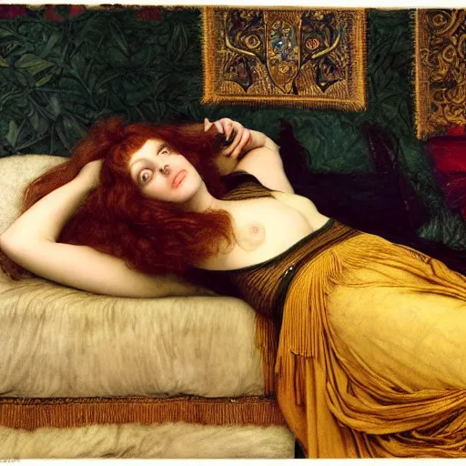 Prompt: preraphaelite photography reclining on bed, a hybrid of judy garland and a hybrid of lady gaga and anne hathaway, aged 2 5, big brown fringe, wide shot, yellow ochre ornate medieval dress, john william waterhouse, kilian eng, rosetti, john everett millais, william holman hunt, william morris, 4 k