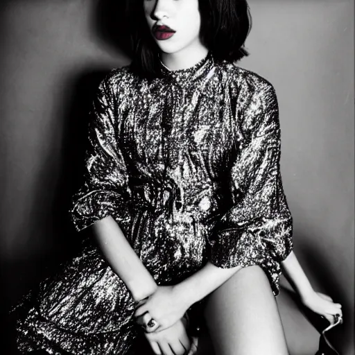 Image similar to photo of Dua Lipa by Diane Arbus, black and white, high contrast, Rolleiflex, 55mm f/4 lens