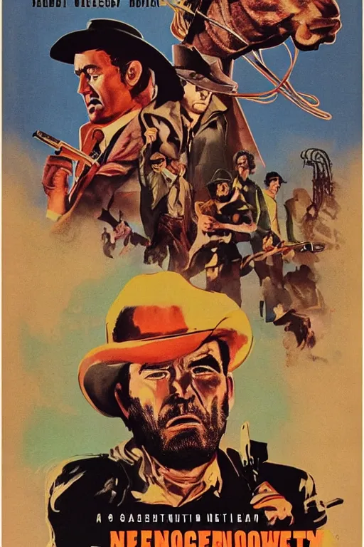 Prompt: a poster for a 1 9 6 0 s spaghetti western called the nuclear cowboy