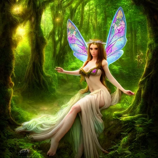 Prompt: beautiful fairy queen in an ethereal forest, highly detailed, 8 k, hdr, anne stokes, photorealistic