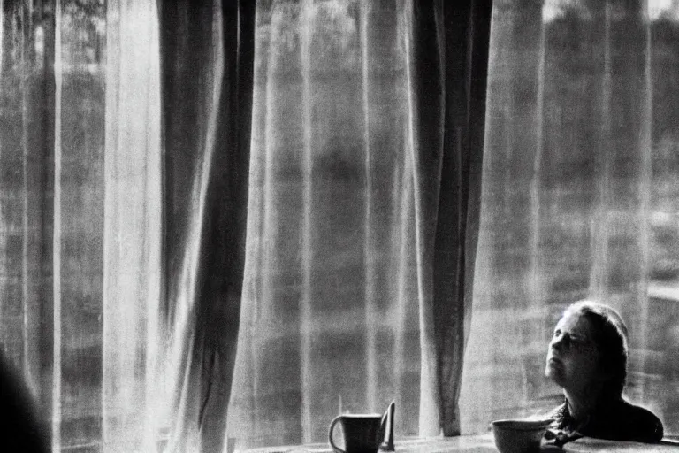 Image similar to soviet movie still a soviet woman sitting at a table next to the window with food, dark warm light, a character portrait by margarita terekhova, movie stalker solaris film still by andrei tarkovsky, 8 k, 1 9 8 4, close - up bokeh, gelios lens, color, noir