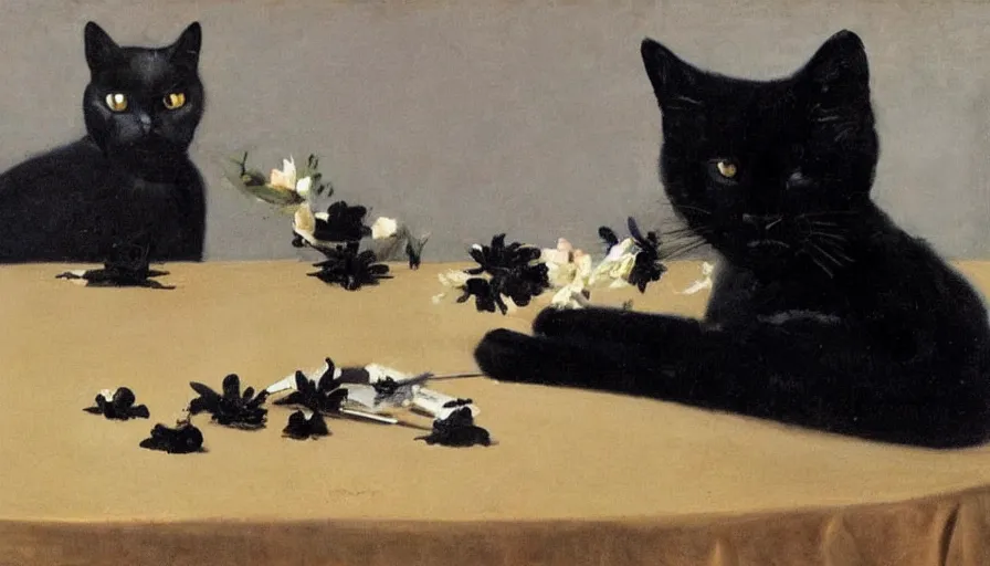 Image similar to painting by borremans, black cat on the table with black flowers, detailed, stunning