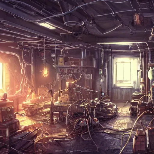 Image similar to old room full of cable, steampunk, robot, laboratory, sun shaft, indoor, interior, artstation, realistic, gibli style