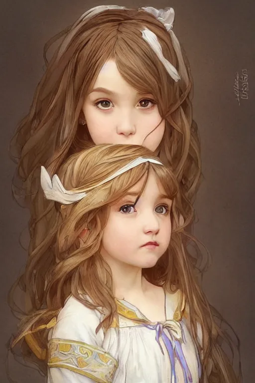 Image similar to a little girl with a mischievous face and short!! light brown straight hair. she is dressed as disney princess painting, beautiful detailed face. by artgerm and greg rutkowski and alphonse mucha