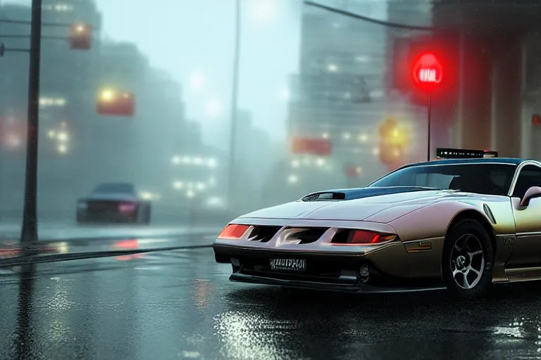 Image similar to hyperdetailed, photorealistic photograph of a 2 0 0 2 pontiac firebird trans - am drifting in the streets, rain, night, dense fog, hd, unreal engine 5 by greg rutowski, by stanley artgerm, by alphonse mucha