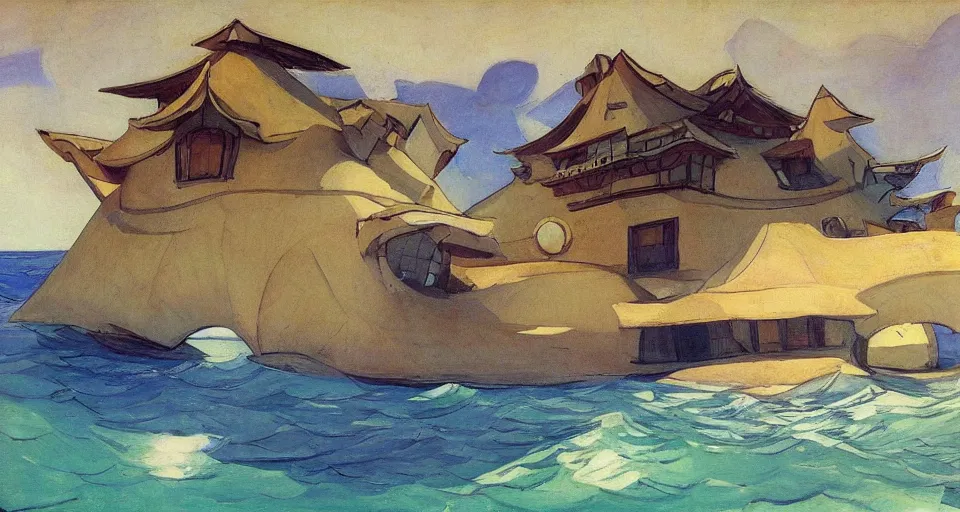 Image similar to seashell - shaped house, by moebius, joaquin sorolla, in the style of zelda windwaker