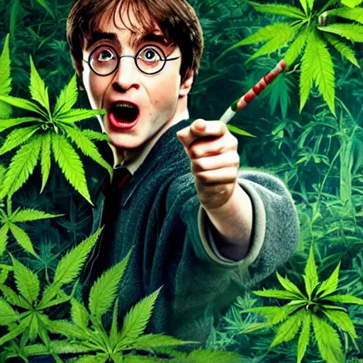 Prompt: harry potter in a jungle of weed plants, smoke everywhere, holding a wand that is a cigarette and a joint smoking out of it smoke, red eyes, bloodshot eyes, smoking weed