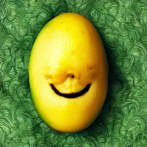 Image similar to A mango with human face smiling mischievous, Wicked smile