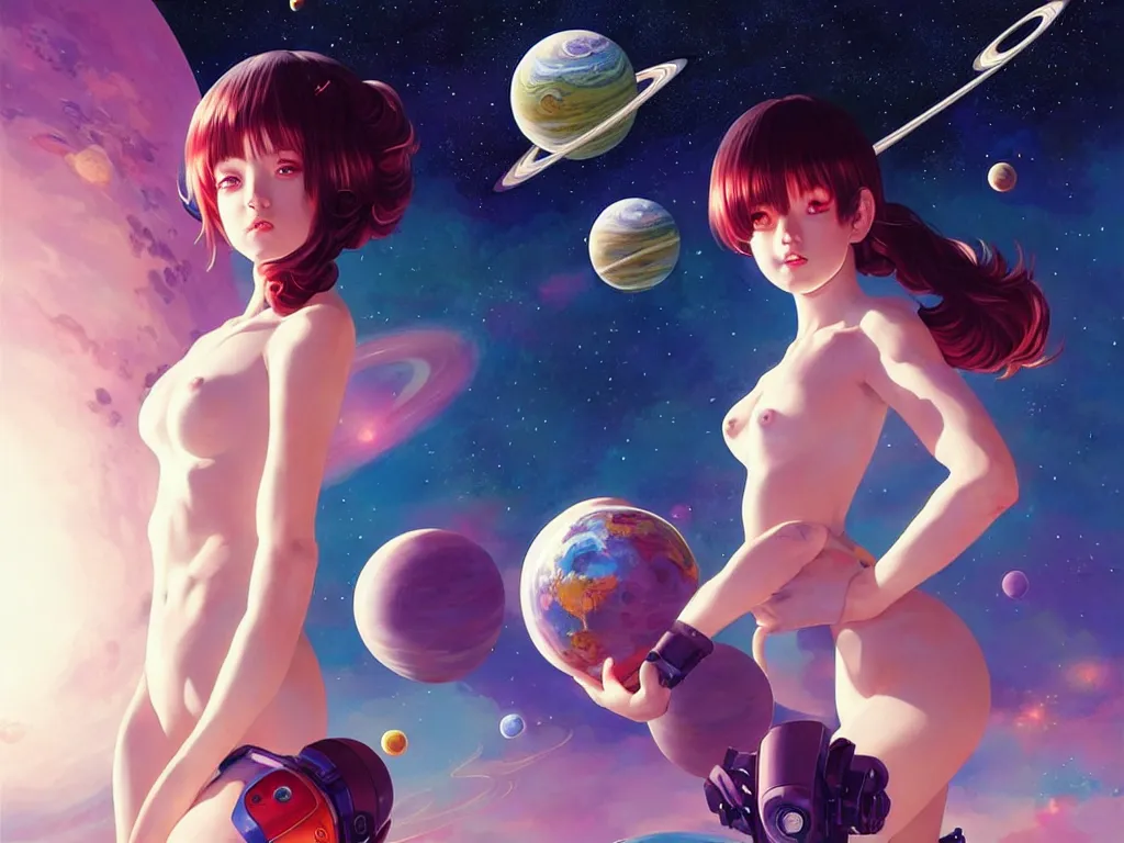 Image similar to lovely space girl flying to the saturn with her animal compaions, occlusion shadow, specular reflection, rim light, unreal engine, artgerm, artstation, art by hiroaki samura and ilya kuvshinov and ossdraws, high quality, intricate detailed 8 k, fantasy illustration, extremely beautiful and aesthetic shape of face and body, movie poster