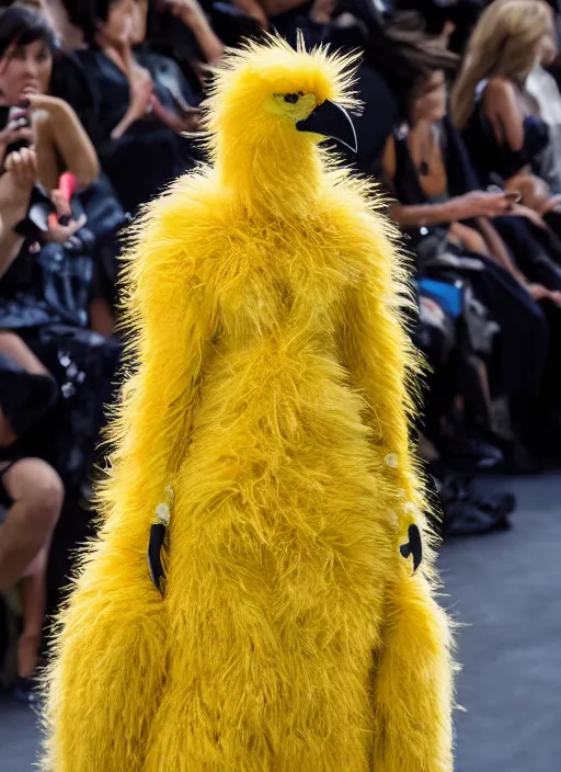 Image similar to hyperrealistic and heavy detailed balenciaga runway show of big bird, leica sl 2 5 0 mm, vivid color, high quality, high textured, real life