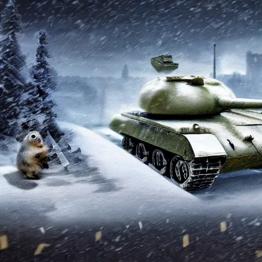 Prompt: an awesome serious roborovski hamster drives in a soviet military tank, snow fall, highly detailed, digital painting, artstation, concept art, movie still, smooth, sharp focus uhd 8 k