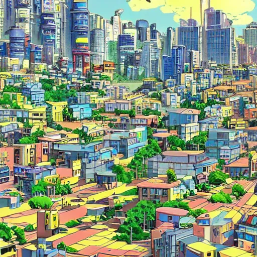 Image similar to futuristic city on a mountainside, colorful city, megacity, clouds on mountain, buildings on mountainside, cel - shading, cel - shaded, 2 0 0 1 anime, bright sunshine