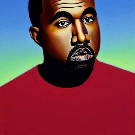 Prompt: very detailed portrait of kanye west backlit by a bright sky behind him, with very soft shading. painted by rene magritte, 1 9 2 7. oil on canvas.
